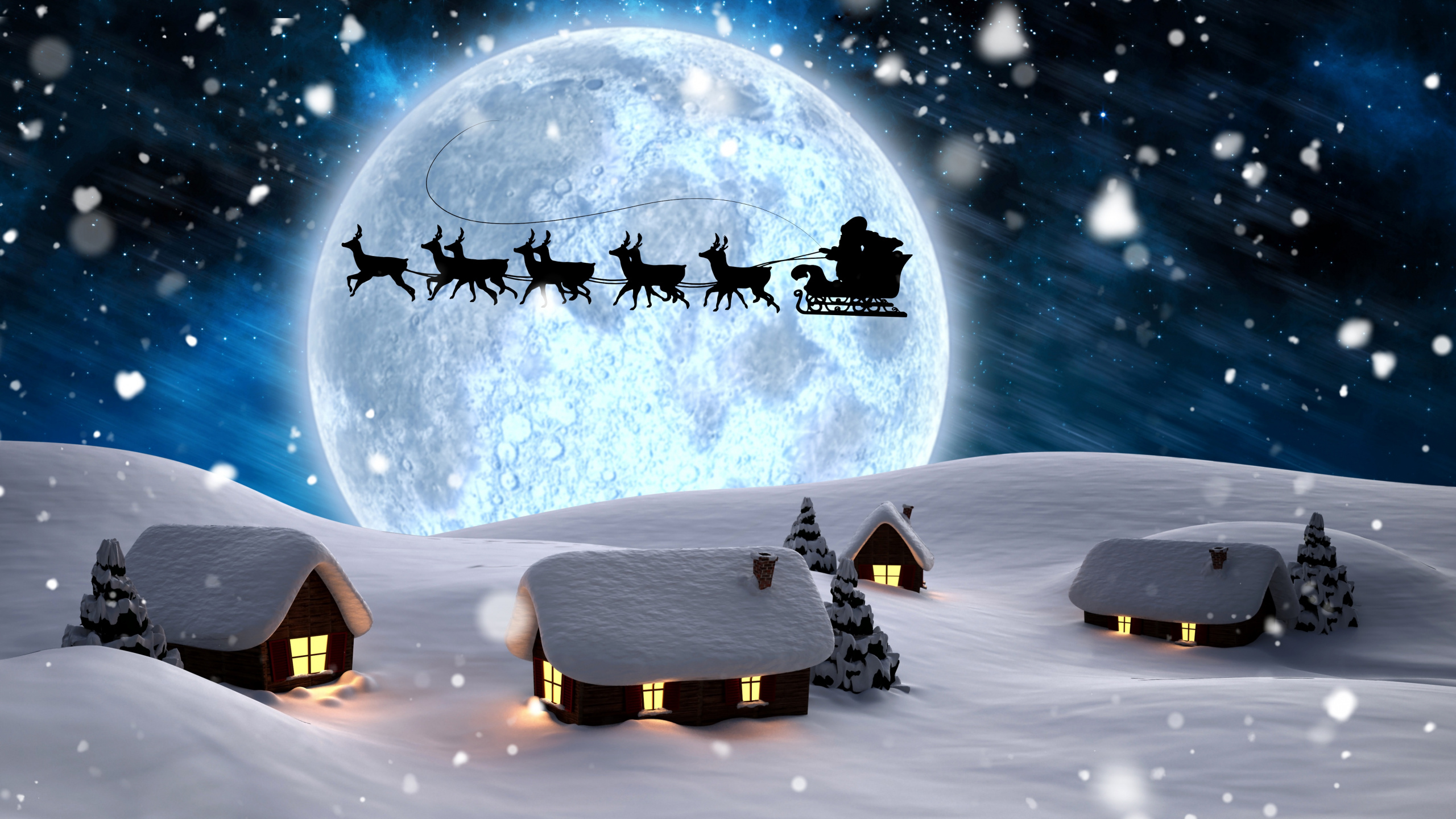 Braunes Holzhaus Mit Schneebedecktem Feld Bei Vollmond. Wallpaper in 2560x1440 Resolution