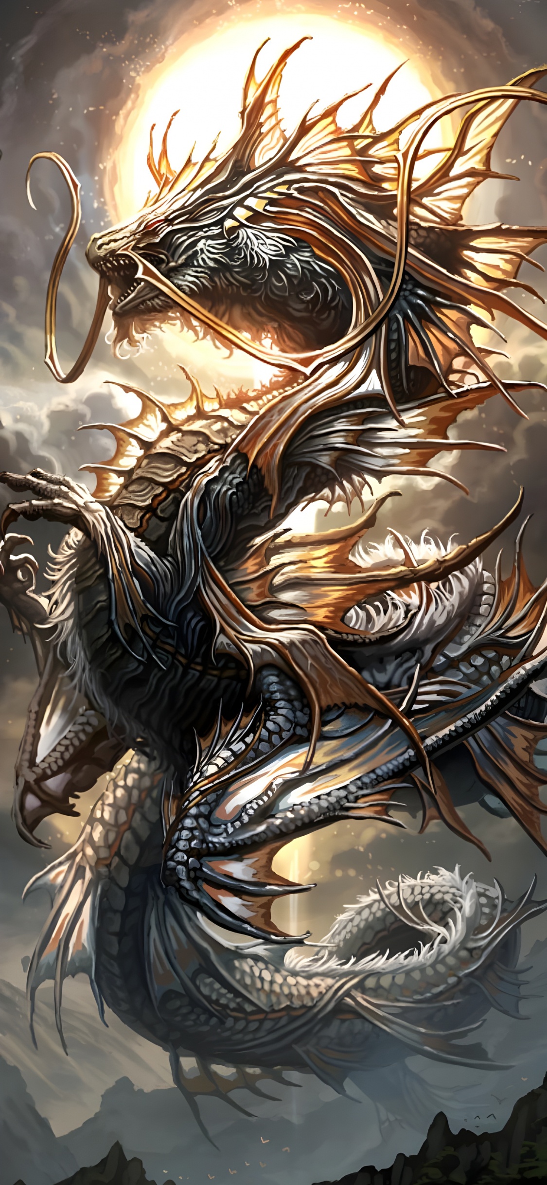Mythische Fantasy-Drachen, Dragon, Legendäre Kreatur, Kunst, Malerei. Wallpaper in 1125x2436 Resolution