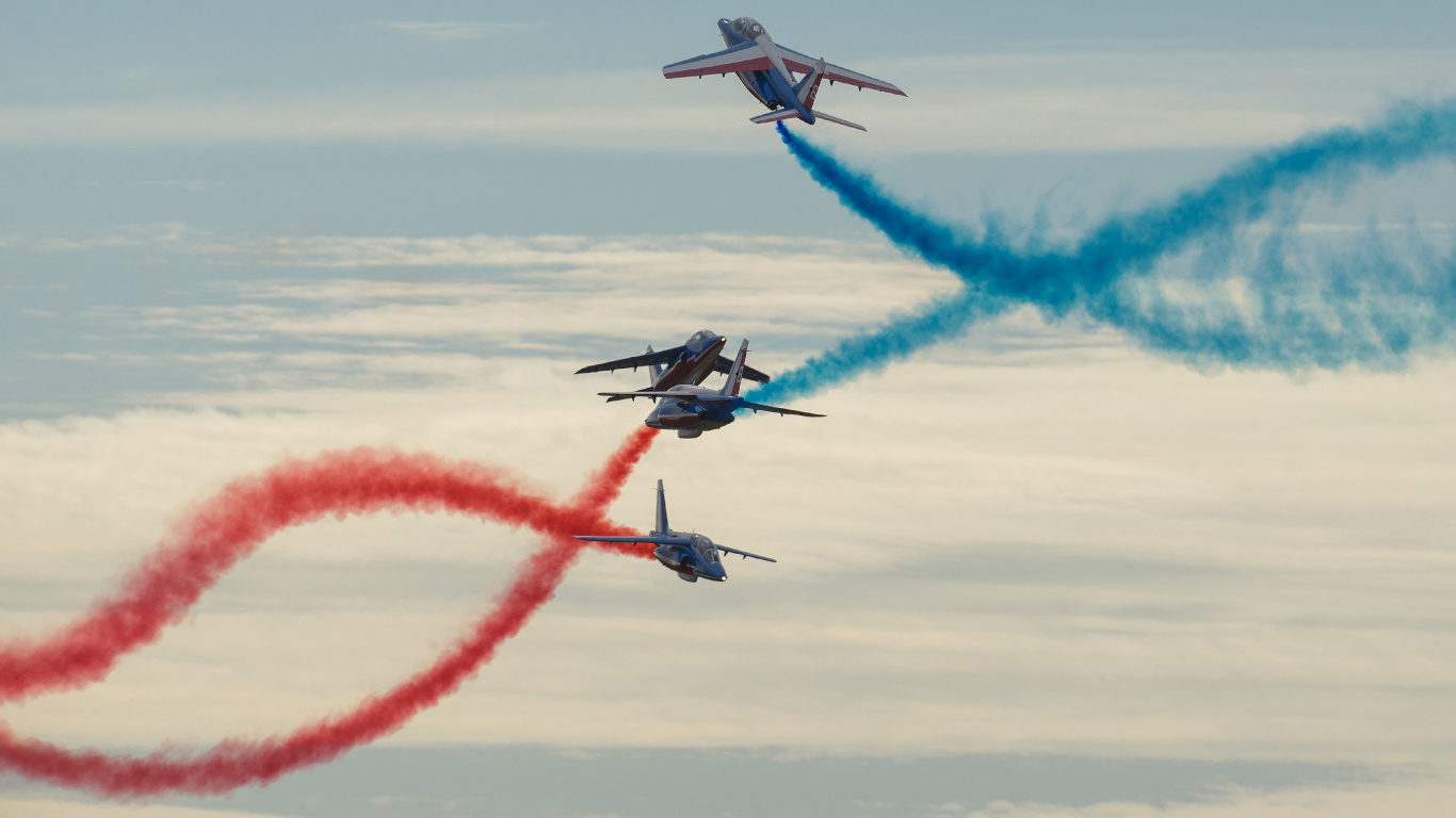 Blue and Red Jet Plane in Flight. Wallpaper in 1366x768 Resolution