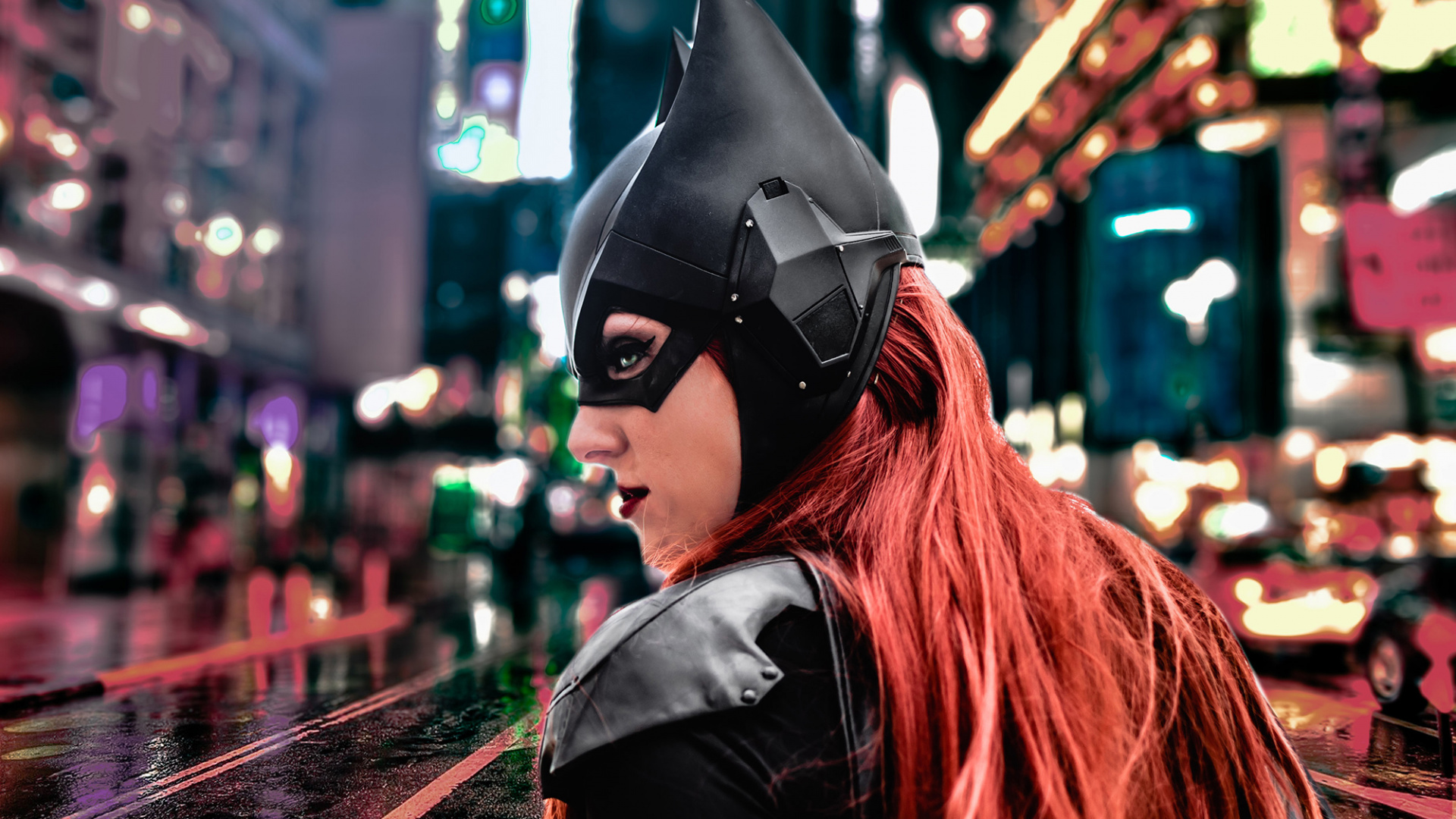 Woman in Black Leather Jacket Wearing Black Mask. Wallpaper in 1920x1080 Resolution