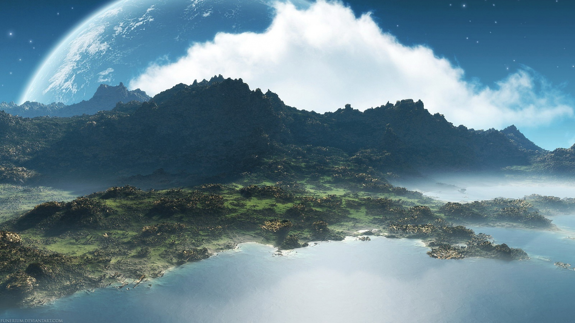 Green Mountain Under Blue Sky With Moon. Wallpaper in 1920x1080 Resolution