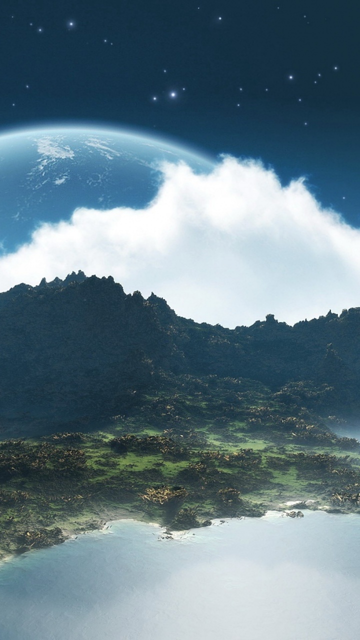 Green Mountain Under Blue Sky With Moon. Wallpaper in 720x1280 Resolution