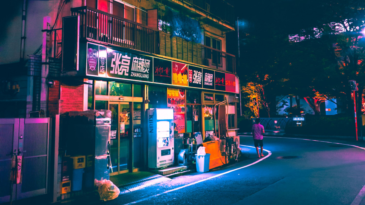 Cars Parked in Front of Store During Night Time. Wallpaper in 1280x720 Resolution