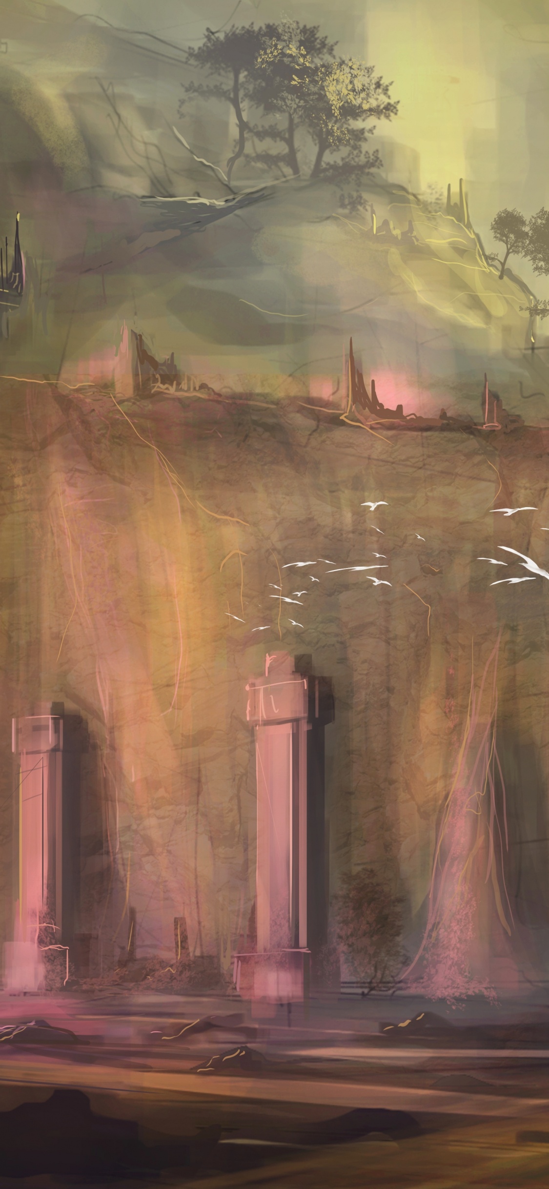 Brown Building Near Trees Painting. Wallpaper in 1125x2436 Resolution