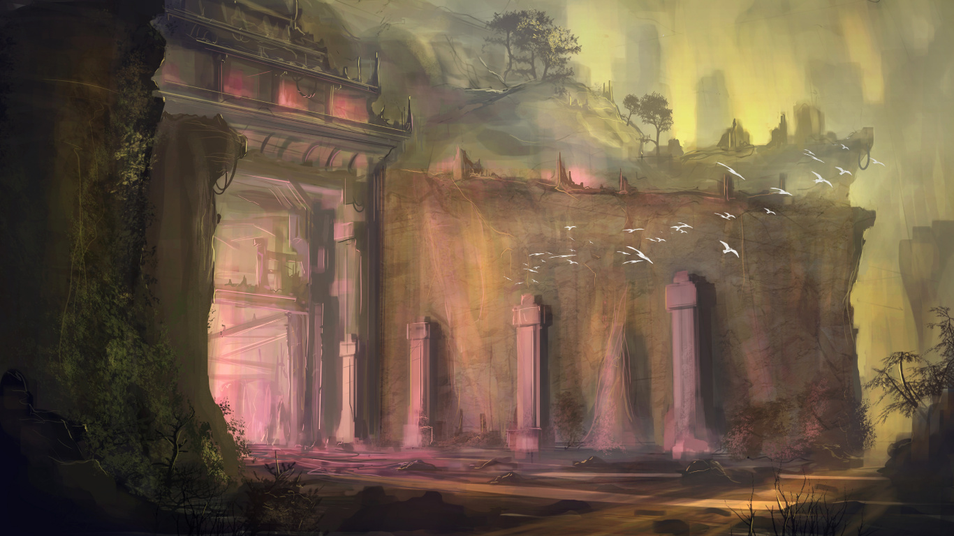 Brown Building Near Trees Painting. Wallpaper in 1366x768 Resolution