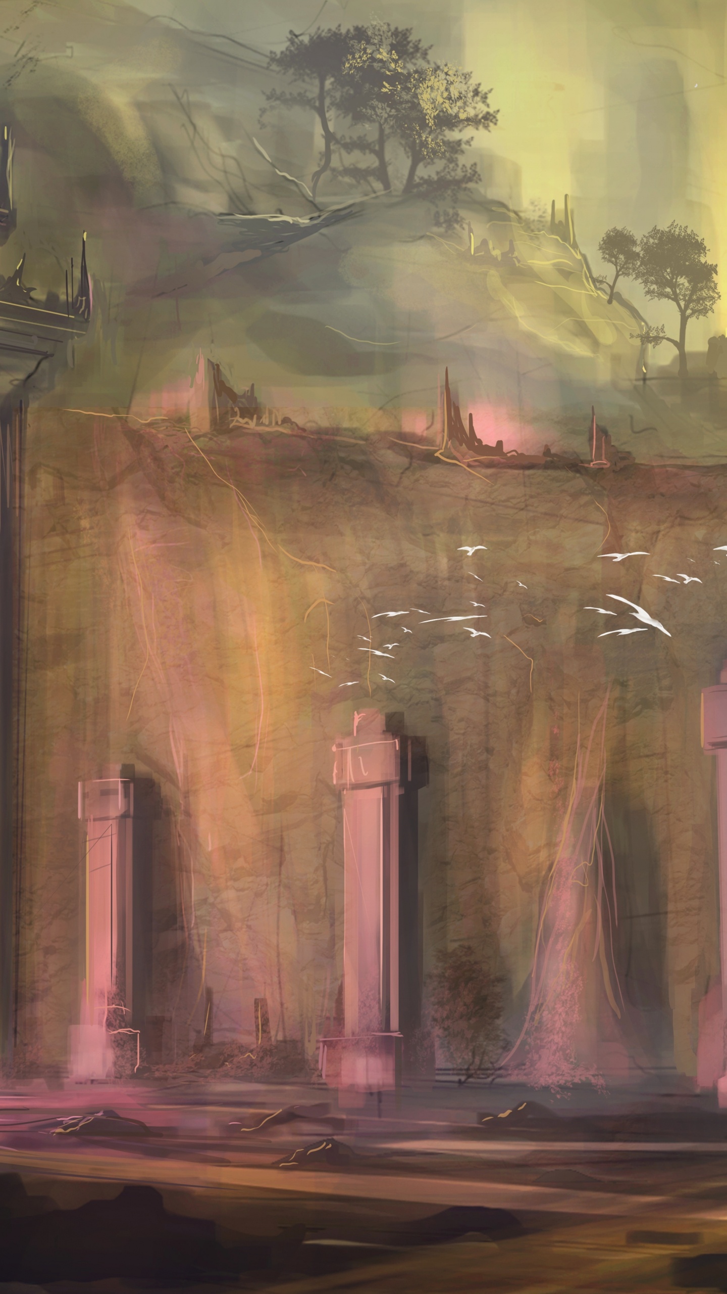 Braunes Gebäude in Der Nähe Von Bäumen Malerei. Wallpaper in 1440x2560 Resolution