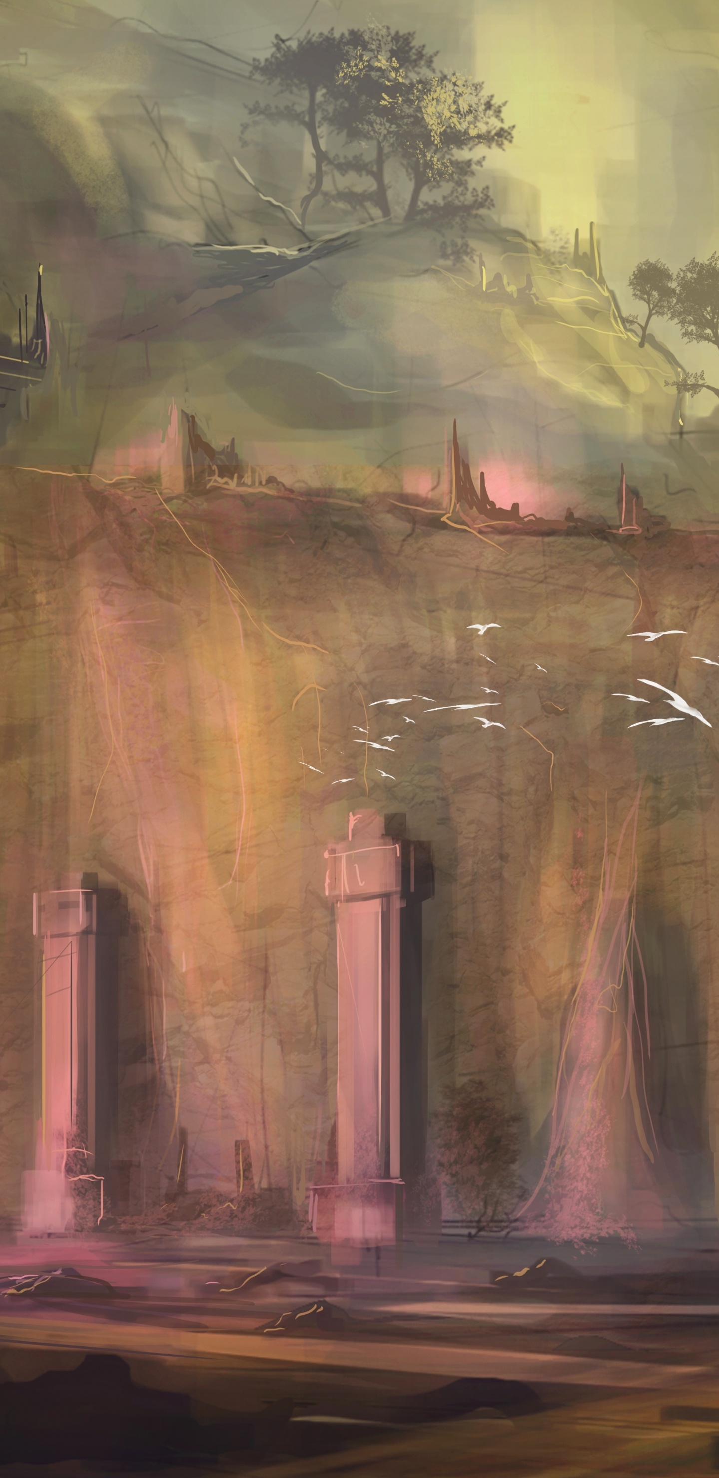 Braunes Gebäude in Der Nähe Von Bäumen Malerei. Wallpaper in 1440x2960 Resolution