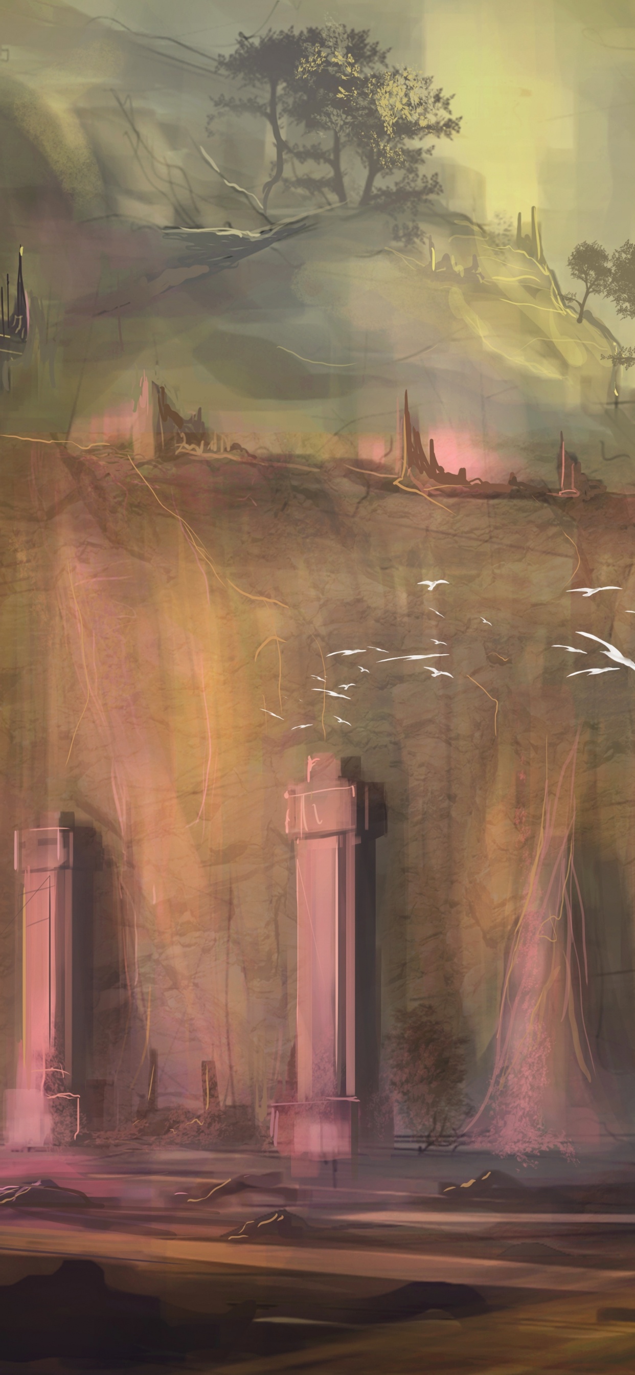 Edificio Marrón Cerca de la Pintura de Los Árboles. Wallpaper in 1242x2688 Resolution