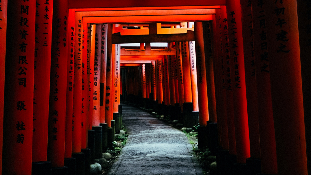 Fushimi Inari-taisha, Torii, Architecture, Amber, Symmetry. Wallpaper in 1280x720 Resolution