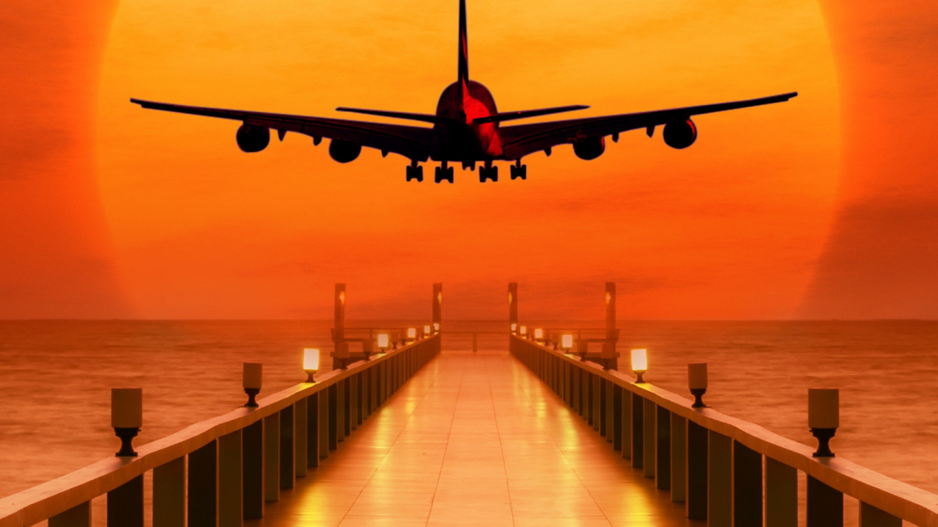 航班, 空中旅行, 机场, 航空, 日落 壁纸 1366x768 允许