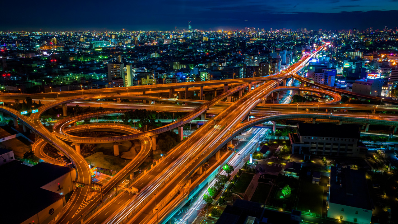 Luftaufnahme Der Stadt Bei Nacht Night. Wallpaper in 1280x720 Resolution