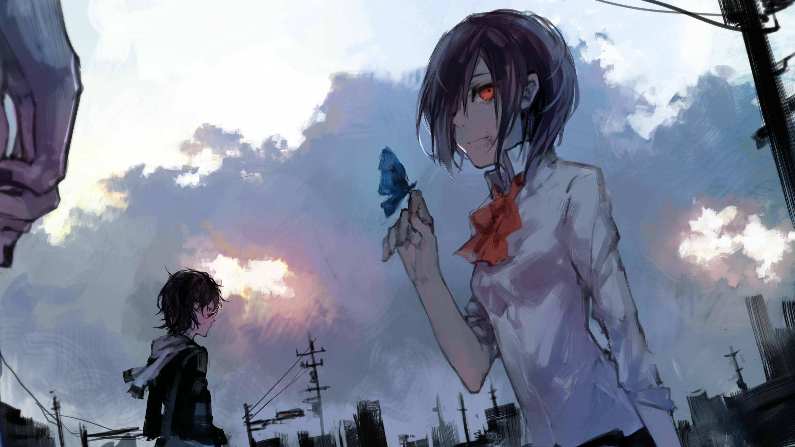 Mann in Schwarzer Jacke Mit Blauhaariger Frau Anime-Figur. Wallpaper in 2560x1440 Resolution