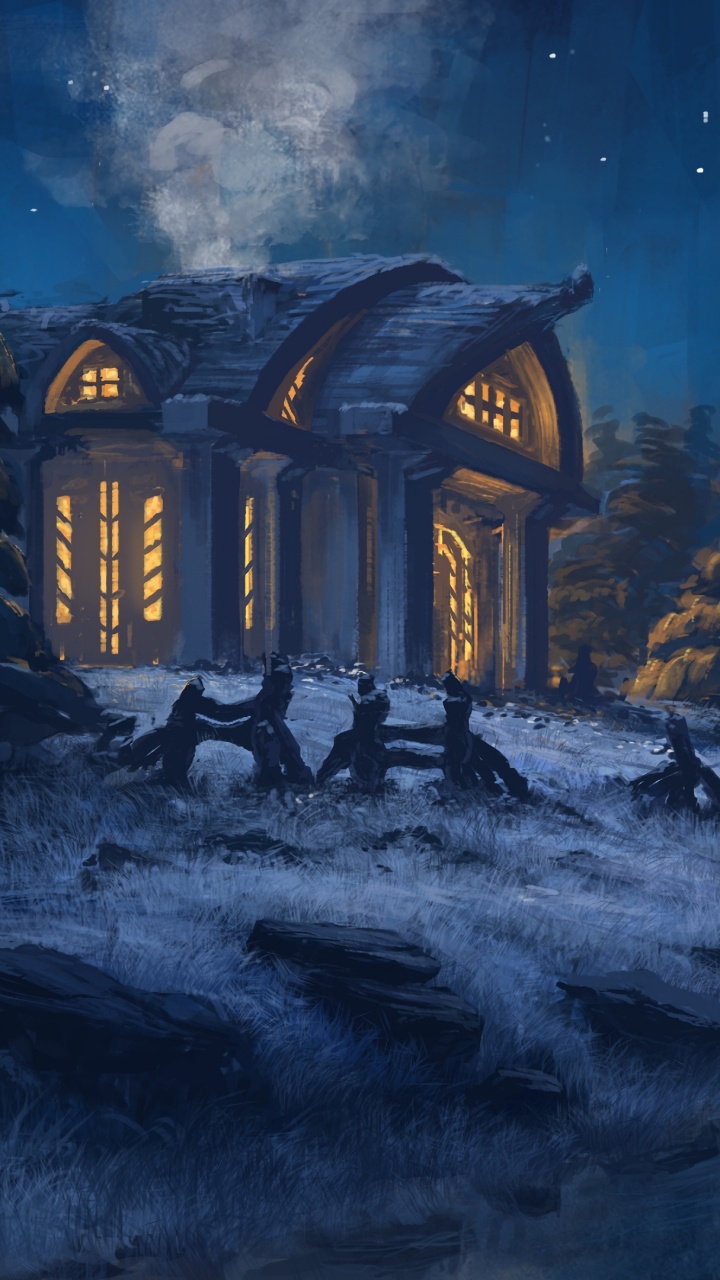 Braunes Holzhaus in Der Nähe Von Gewässern Während Der Nacht. Wallpaper in 720x1280 Resolution