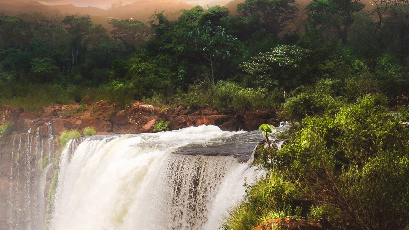 Wasserfall, Cloud, Wasser, Vogel, Ökoregion. Wallpaper in 1366x768 Resolution