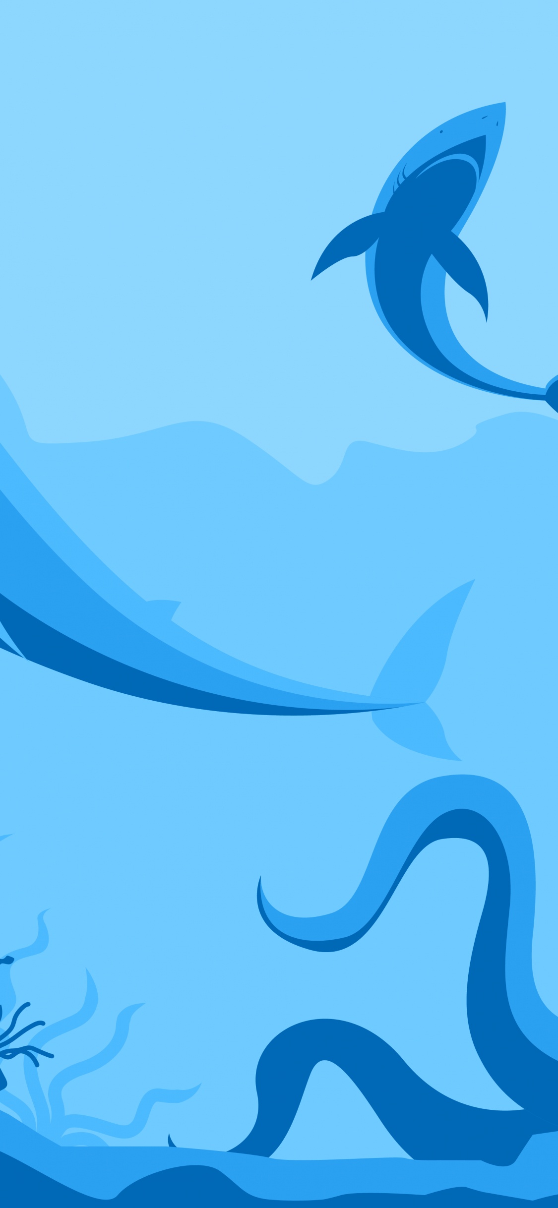 Octopus, Shark, Ocean, Minimalism, Blue. Wallpaper in 1125x2436 Resolution