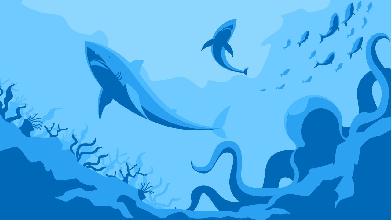 Octopus, Shark, Ocean, Minimalism, Blue. Wallpaper in 1280x720 Resolution