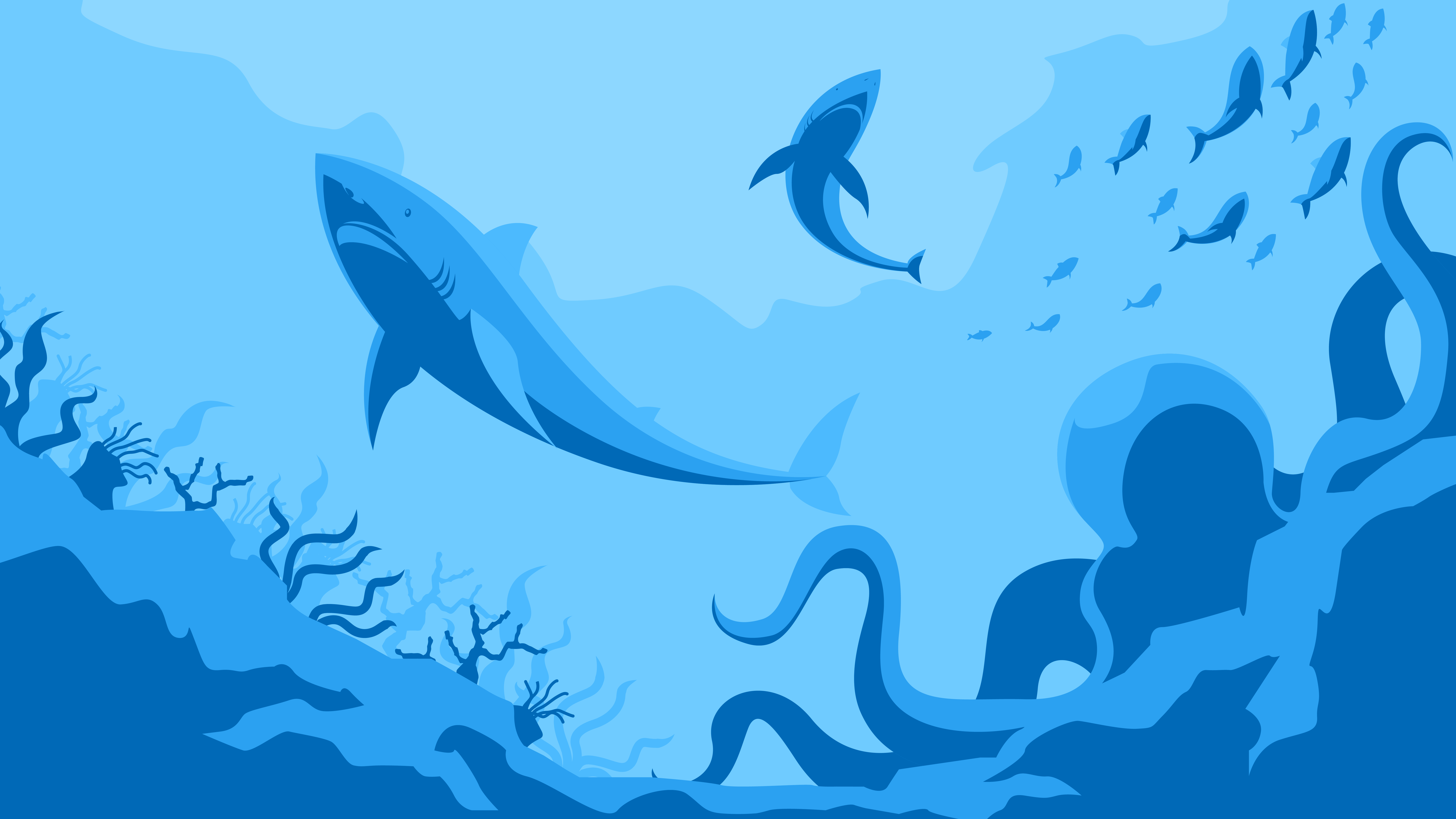 Octopus, Shark, Ocean, Minimalism, Blue. Wallpaper in 7680x4320 Resolution