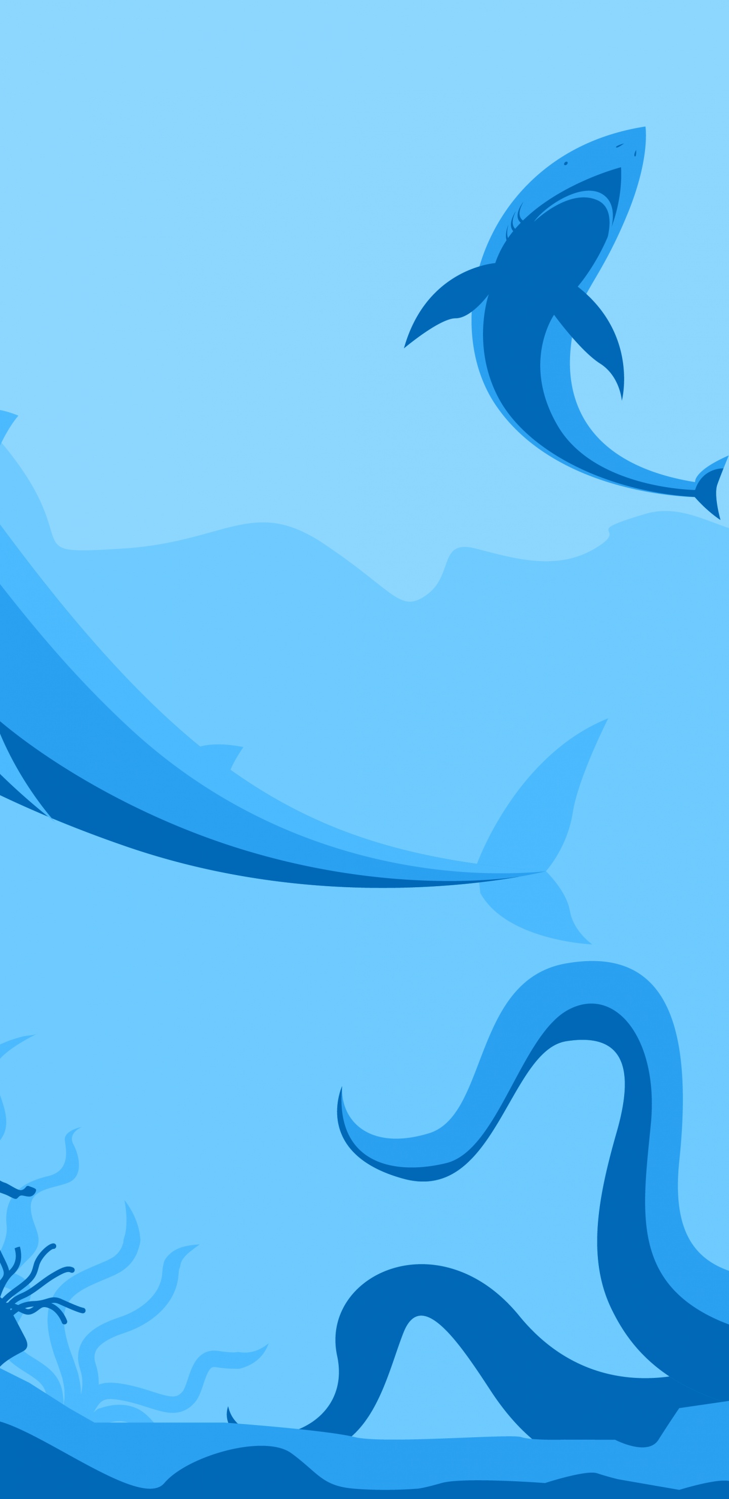 Poulpe, Requin, Minimalisme, Blue, Aqua. Wallpaper in 1440x2960 Resolution