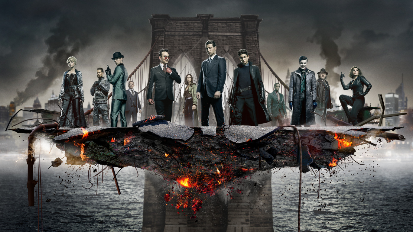 Gotham - Temporada 5, el Comisionado Gordon, Batman, Cobblepot de Oswald, Harvey Bullock. Wallpaper in 1366x768 Resolution