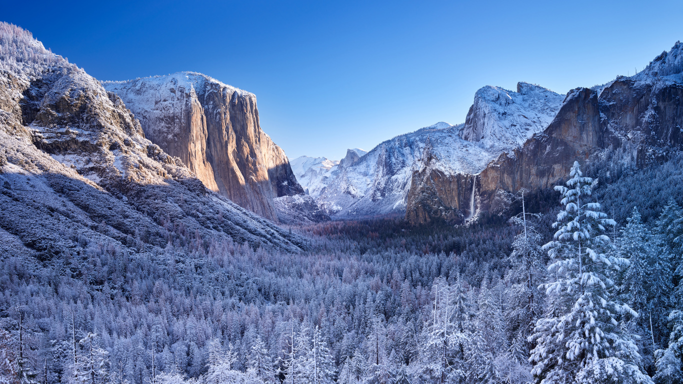 el Valle de Yosemite, Invierno, Las Formaciones Montañosas, Montaña, Desierto. Wallpaper in 1366x768 Resolution