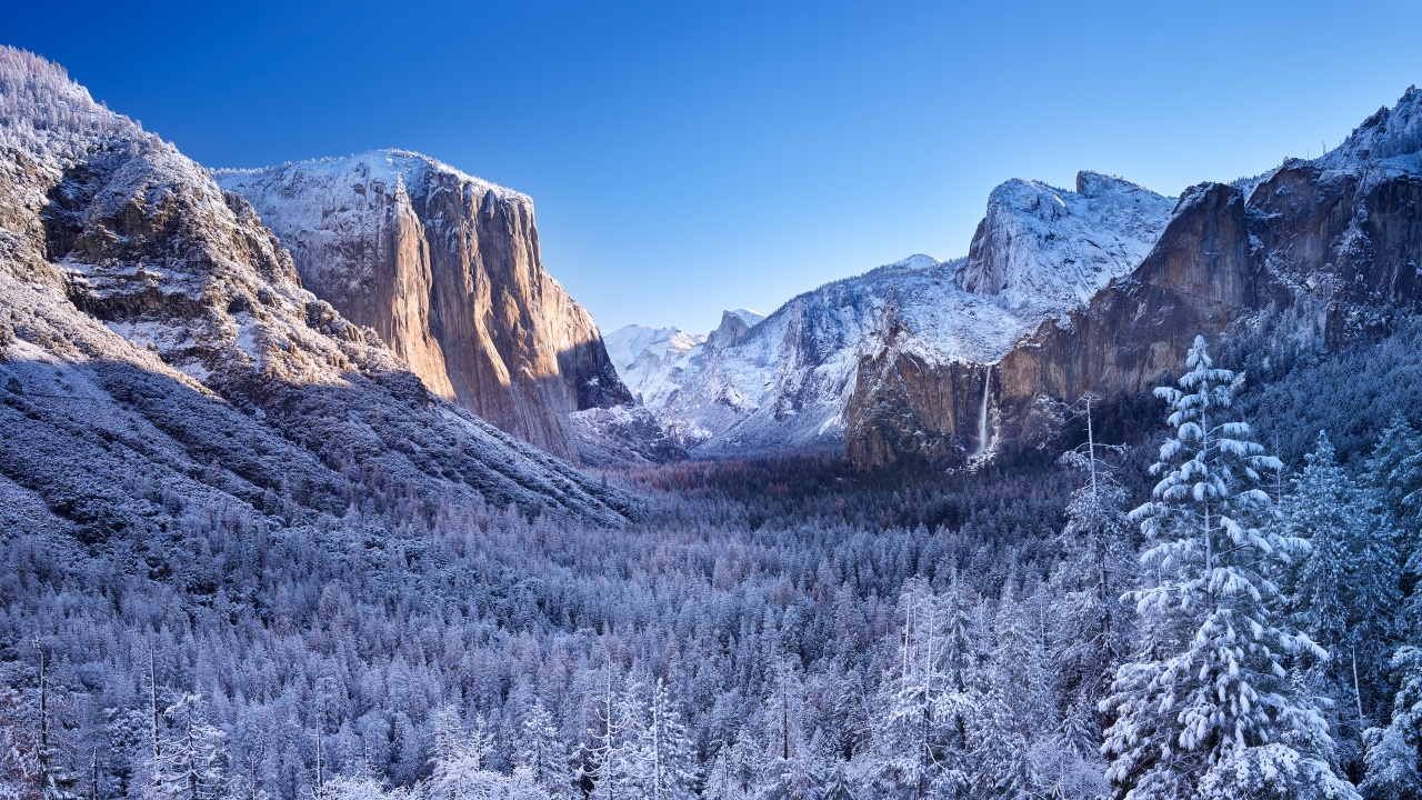 Yosemite Valley, Winter, Bergigen Landschaftsformen, Bergkette, Rock. Wallpaper in 1280x720 Resolution