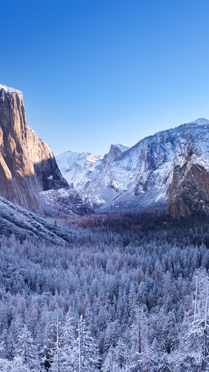 Yosemite Valley, Winter, Bergigen Landschaftsformen, Bergkette, Rock. Wallpaper in 720x1280 Resolution