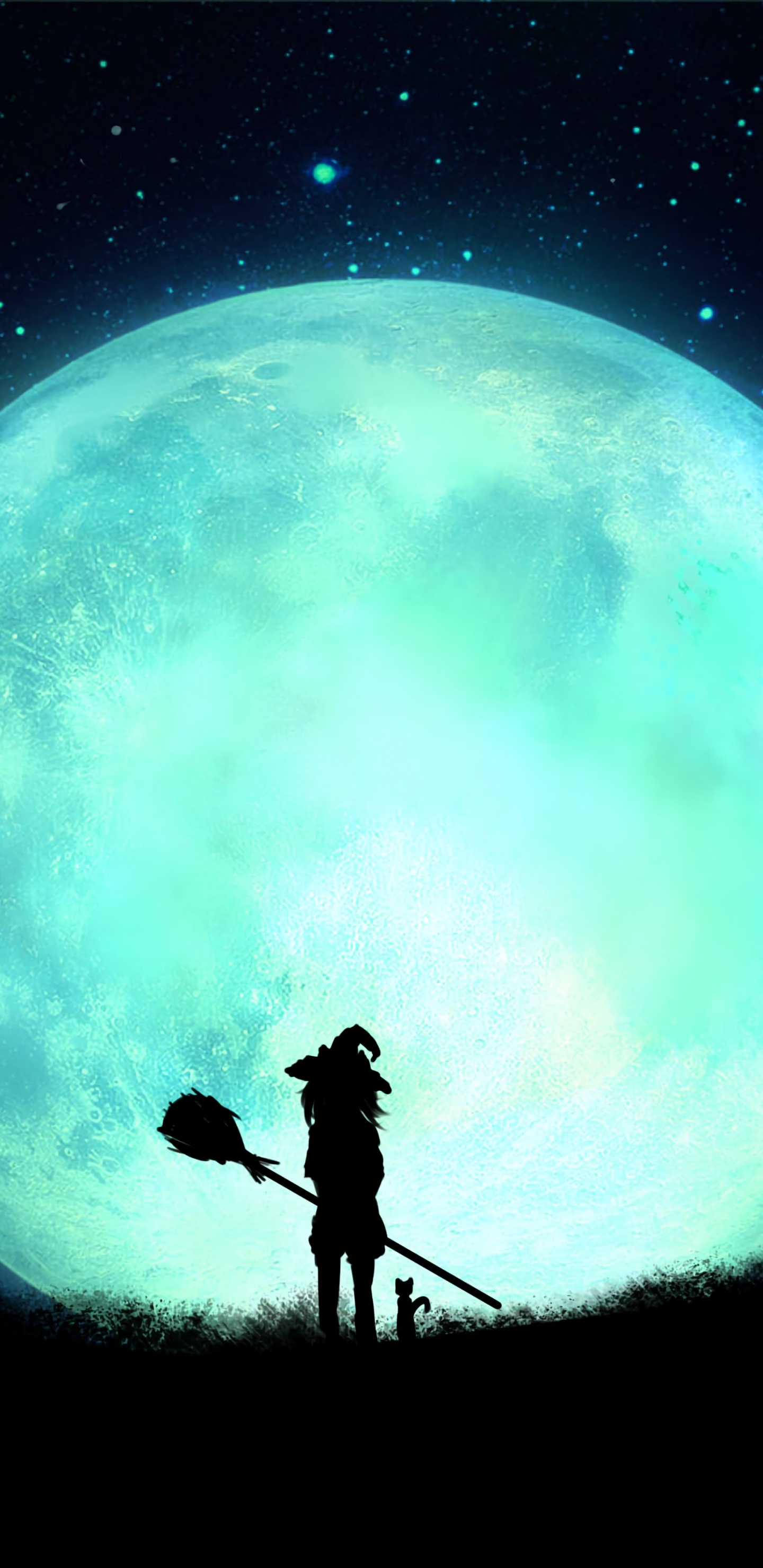 Silhouette Von Mann Und Frau, Die Unter Blauem Mond Stehen. Wallpaper in 1440x2960 Resolution