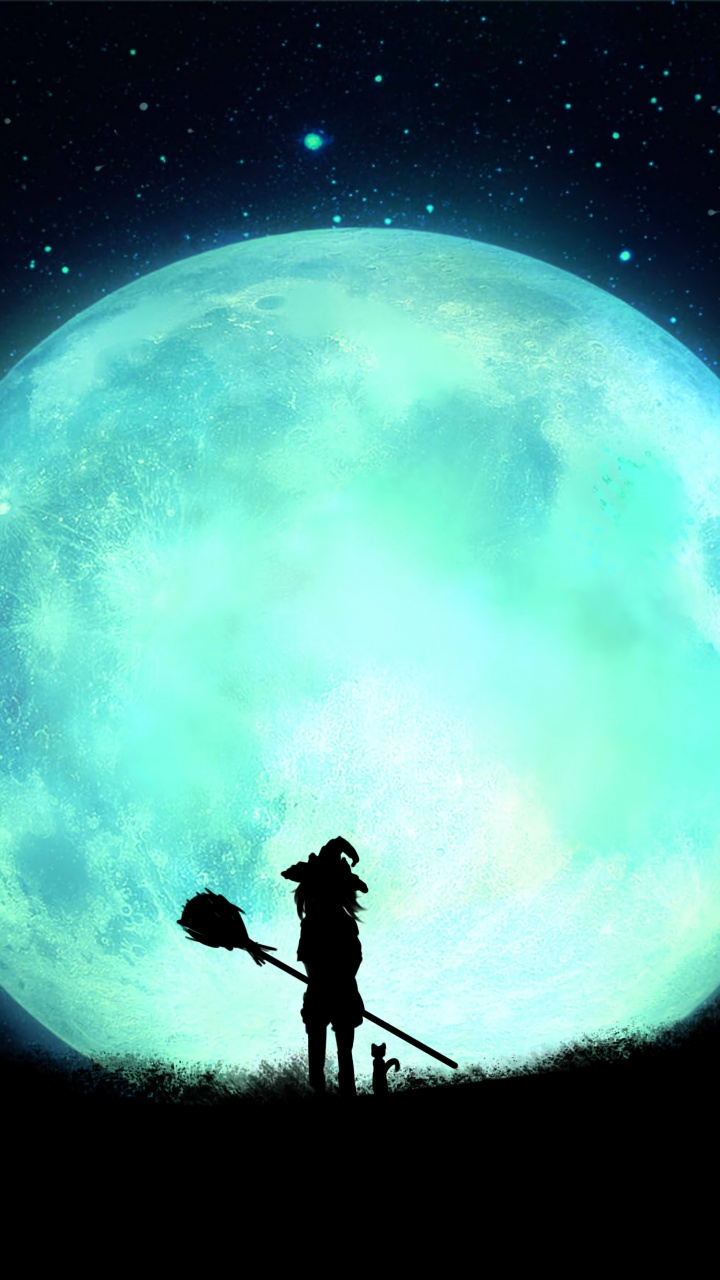 Silhouette de L'homme et de la Femme Debout Sous la Lune Bleue. Wallpaper in 720x1280 Resolution