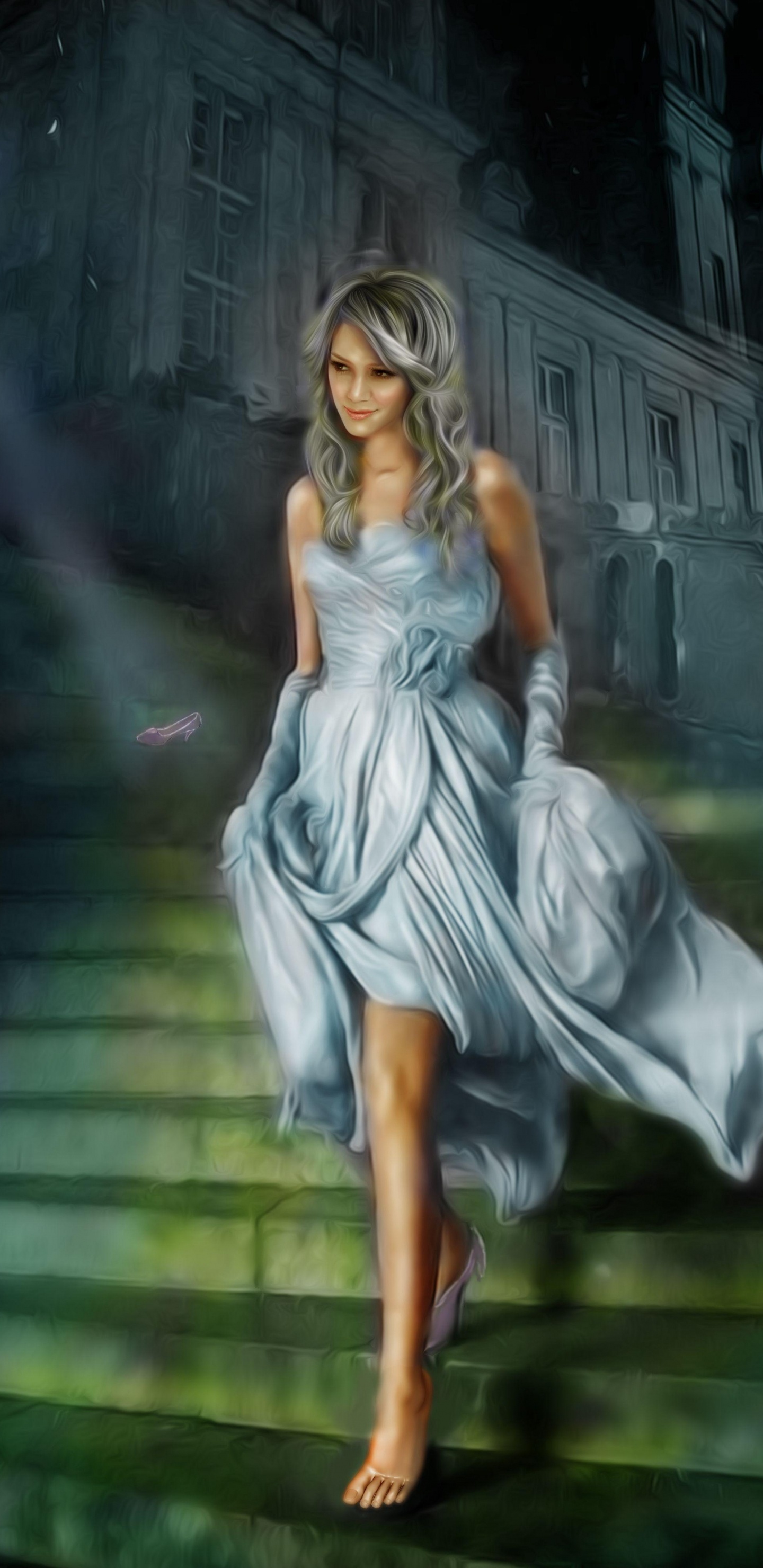 Mujer en Vestido Blanco Sentada en Las Escaleras. Wallpaper in 1440x2960 Resolution