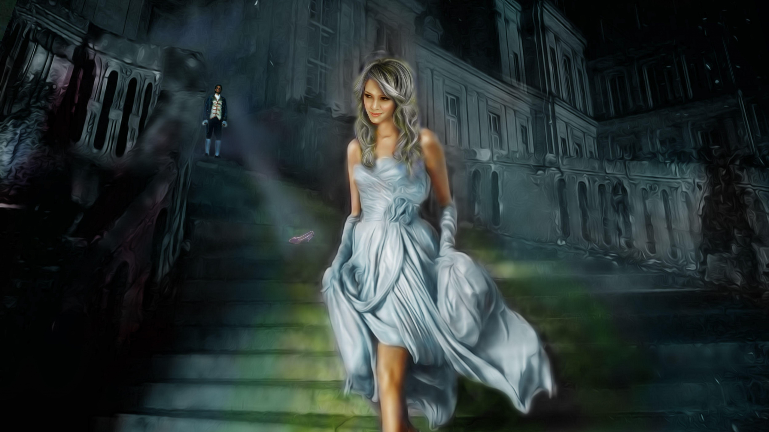 Frau im Weißen Kleid Sitzt Auf Der Treppe. Wallpaper in 2560x1440 Resolution