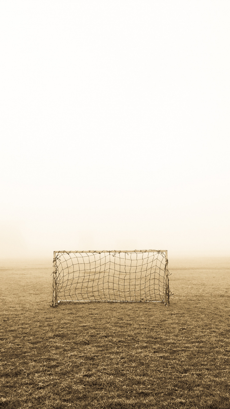 But de Football Blanc et Noir Sur Terrain Couvert de Brouillard. Wallpaper in 750x1334 Resolution