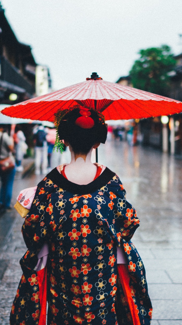 京都, 衣服, 伞, 黑色的, 橙色 壁纸 720x1280 允许