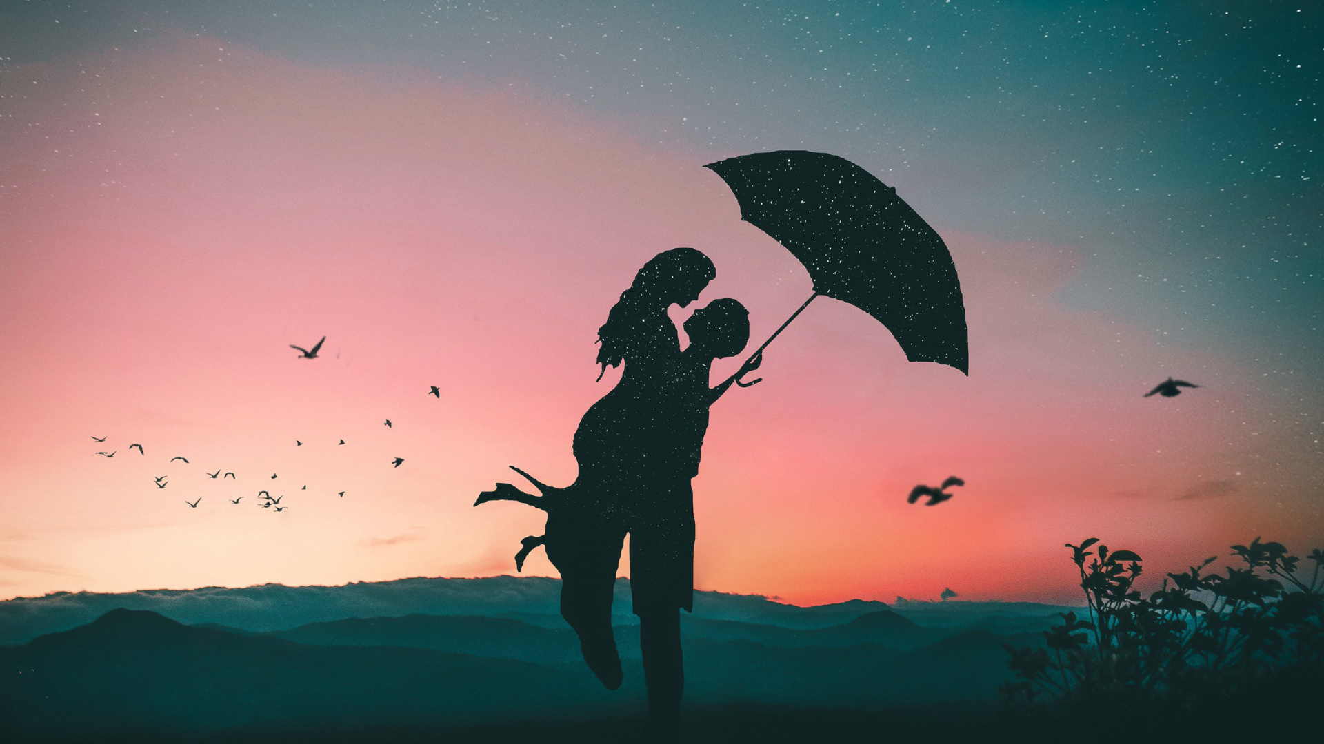 Menschen in Der Natur, Regenschirm, Illustration, Silhouette, Happy. Wallpaper in 1920x1080 Resolution