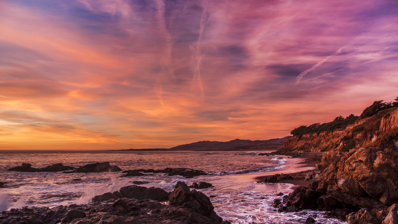 Estados Unidos, Puesta, Cuerpo de Agua, Mar, Naturaleza. Wallpaper in 1366x768 Resolution