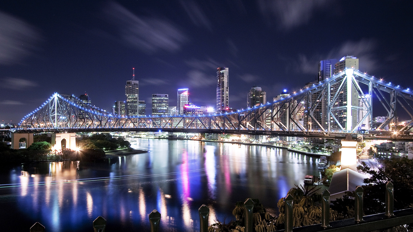 People Sitting on Bench Near Bridge During Night Time. Wallpaper in 1366x768 Resolution