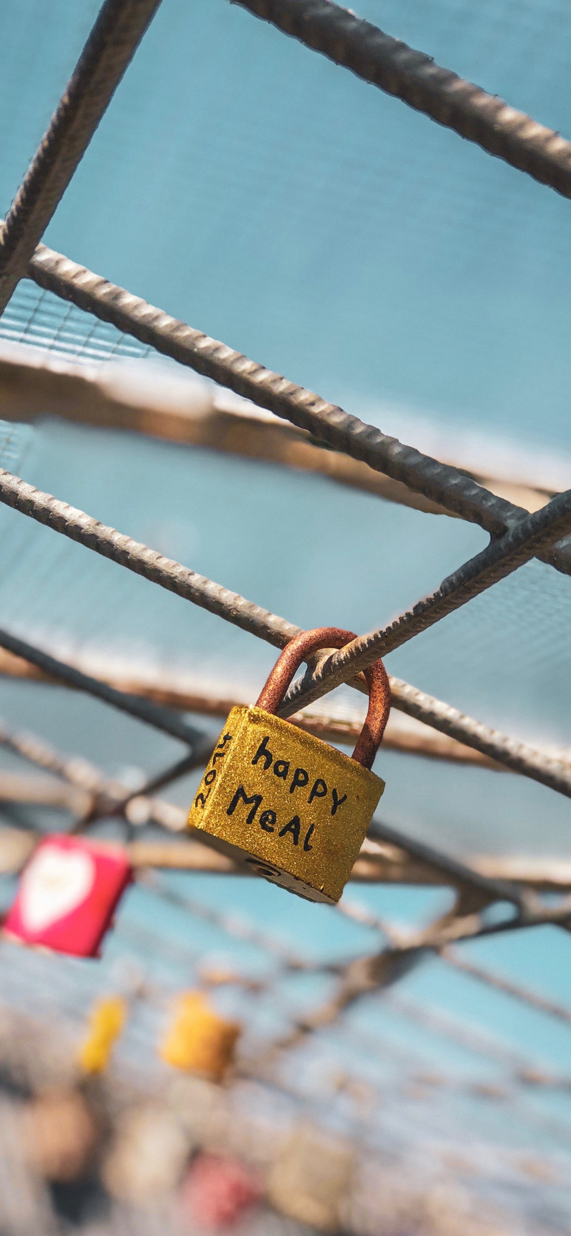 Gold Padlock on Black Metal Fence. Wallpaper in 1125x2436 Resolution