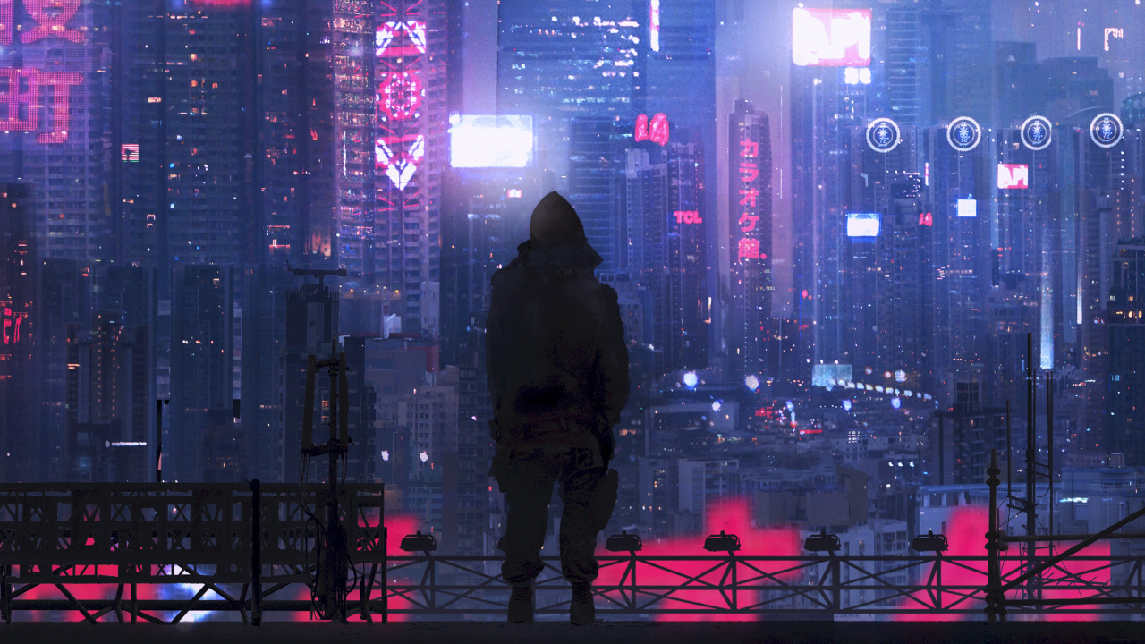 Man in Black Hoodie Standing on The Top of The Building During Night Time. Wallpaper in 1280x720 Resolution