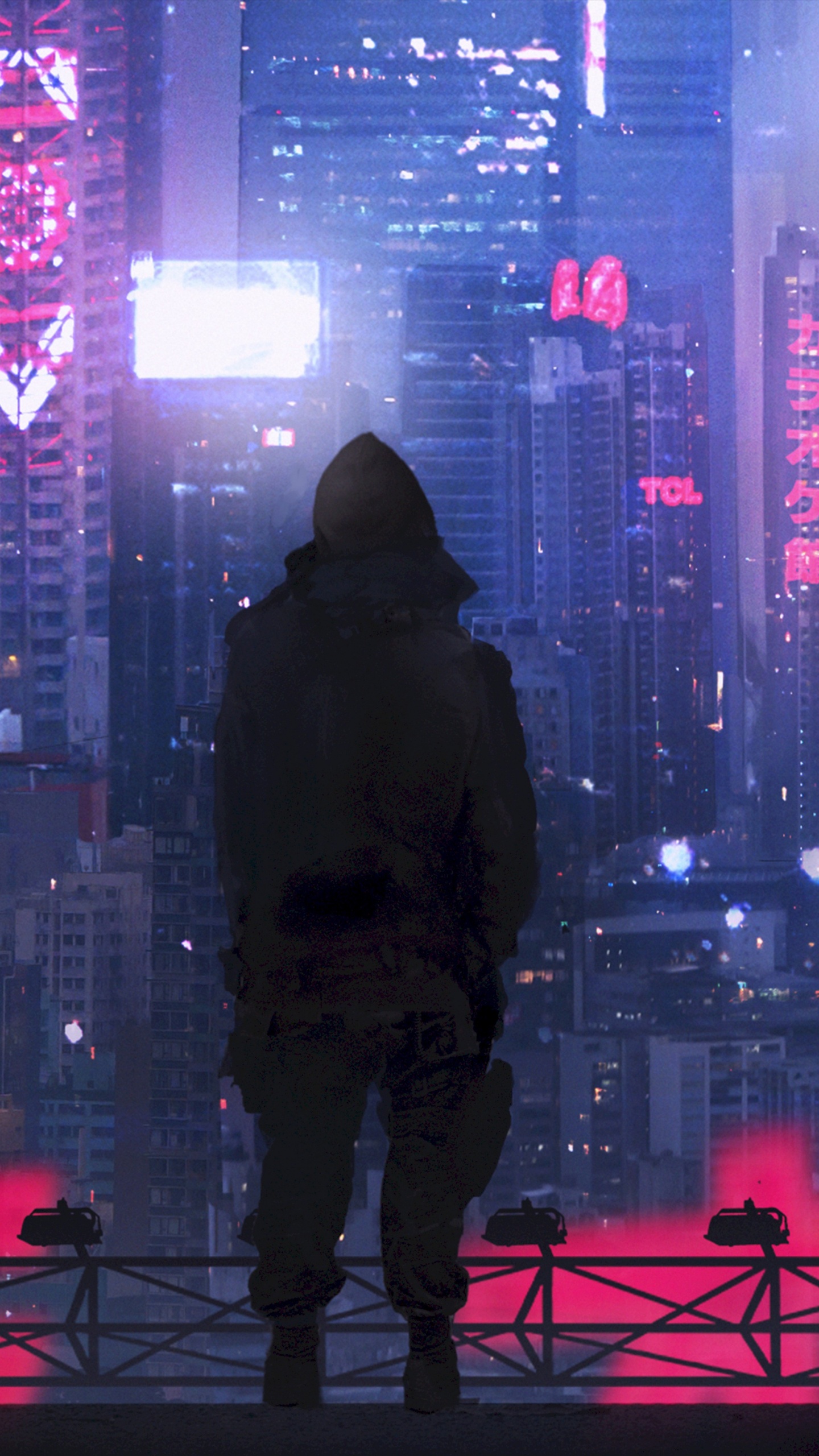 Man in Black Hoodie Standing on The Top of The Building During Night Time. Wallpaper in 1440x2560 Resolution