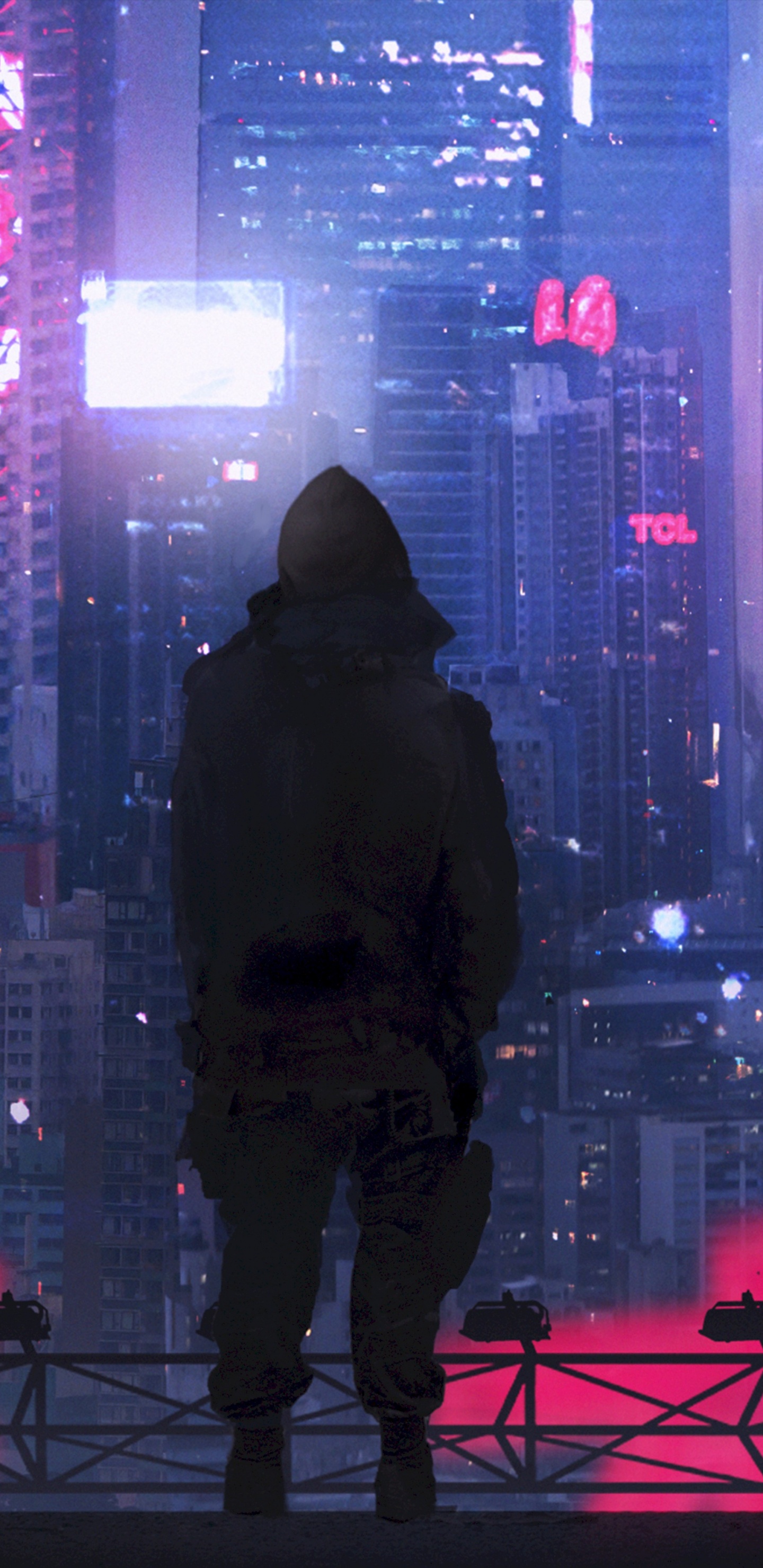 Man in Black Hoodie Standing on The Top of The Building During Night Time. Wallpaper in 1440x2960 Resolution