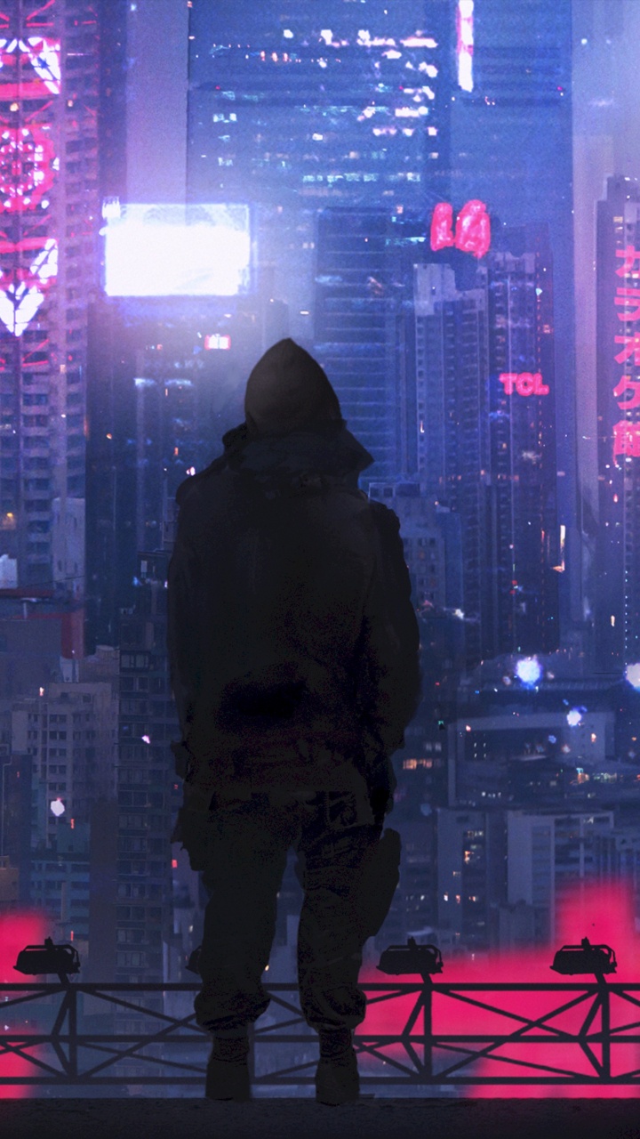 Man in Black Hoodie Standing on The Top of The Building During Night Time. Wallpaper in 720x1280 Resolution