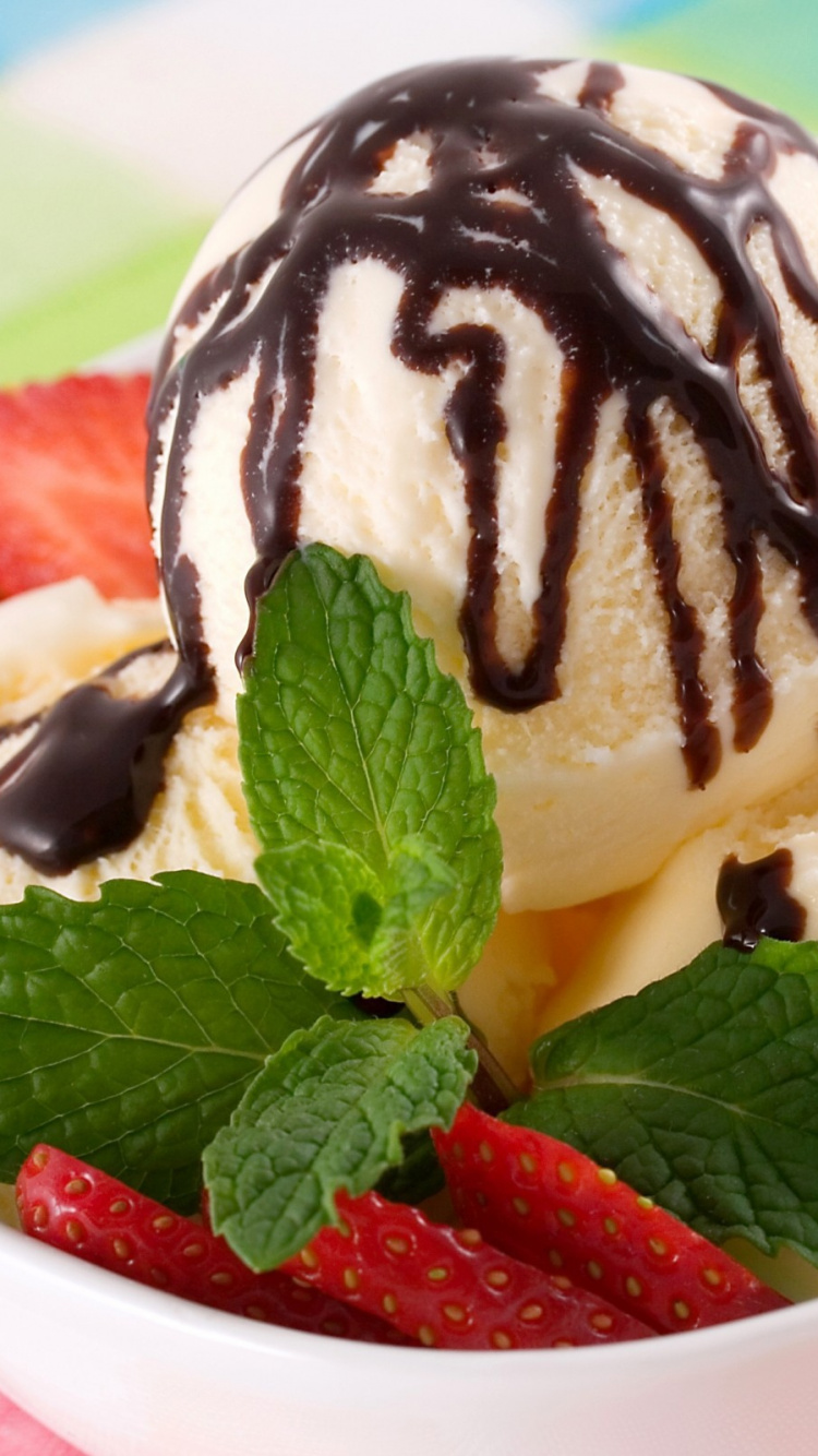 Ice Cream With Strawberry on White Ceramic Bowl. Wallpaper in 750x1334 Resolution
