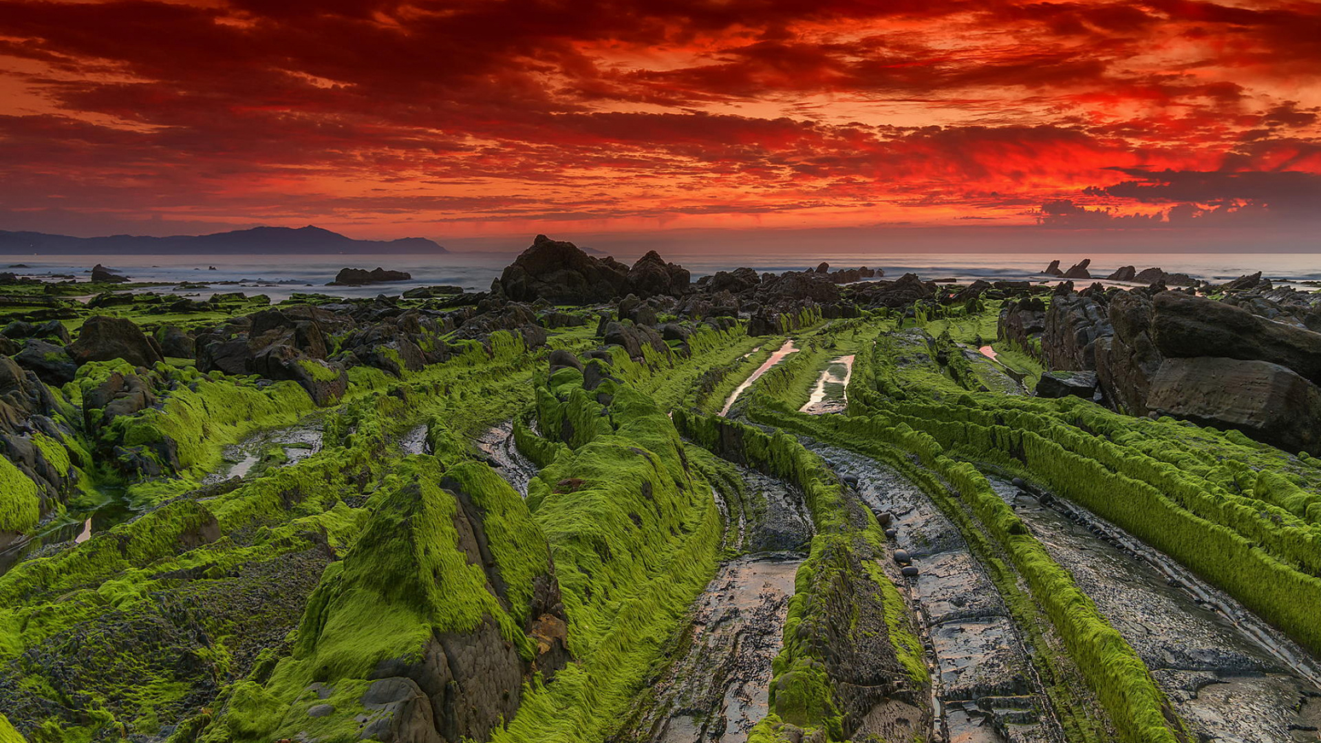 Green Mountain Under Orange Sky. Wallpaper in 1920x1080 Resolution