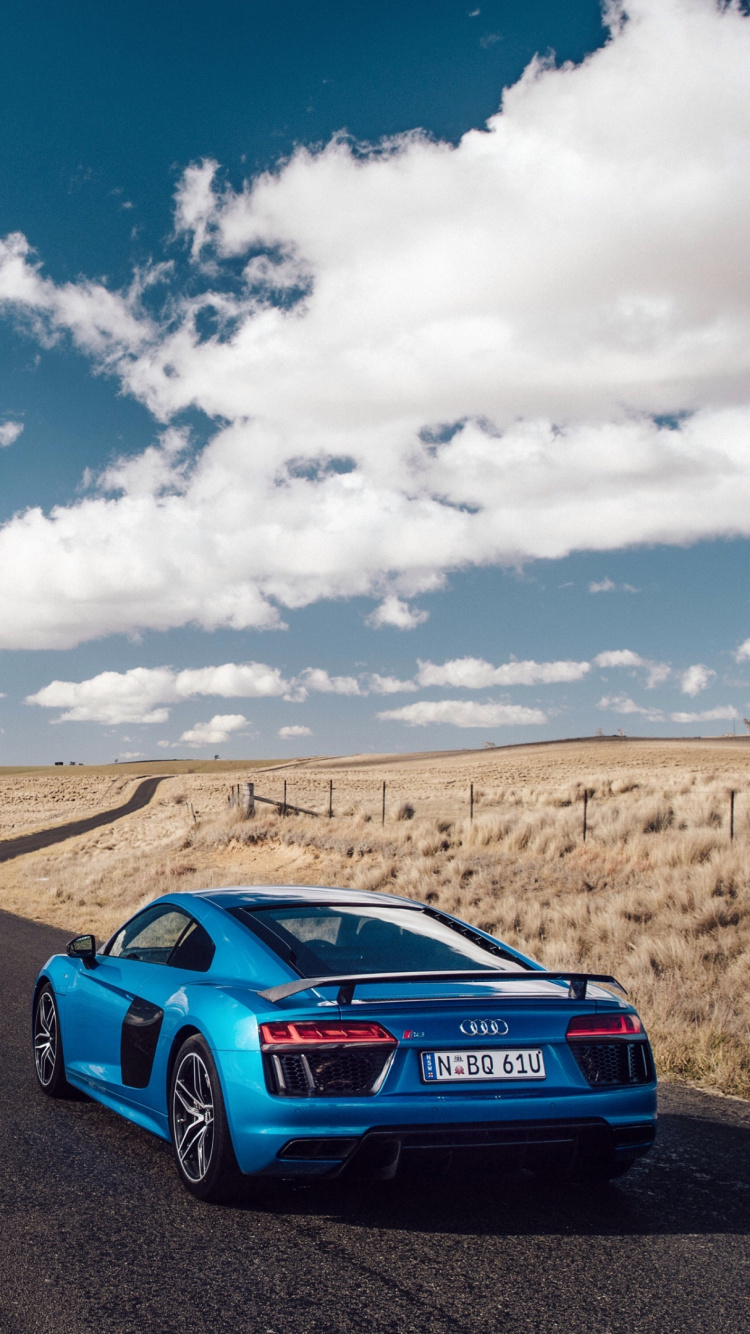 Blue Audi r 8 Auf Braunem Feld Unter Blau-weiß Bewölktem Himmel Tagsüber. Wallpaper in 750x1334 Resolution