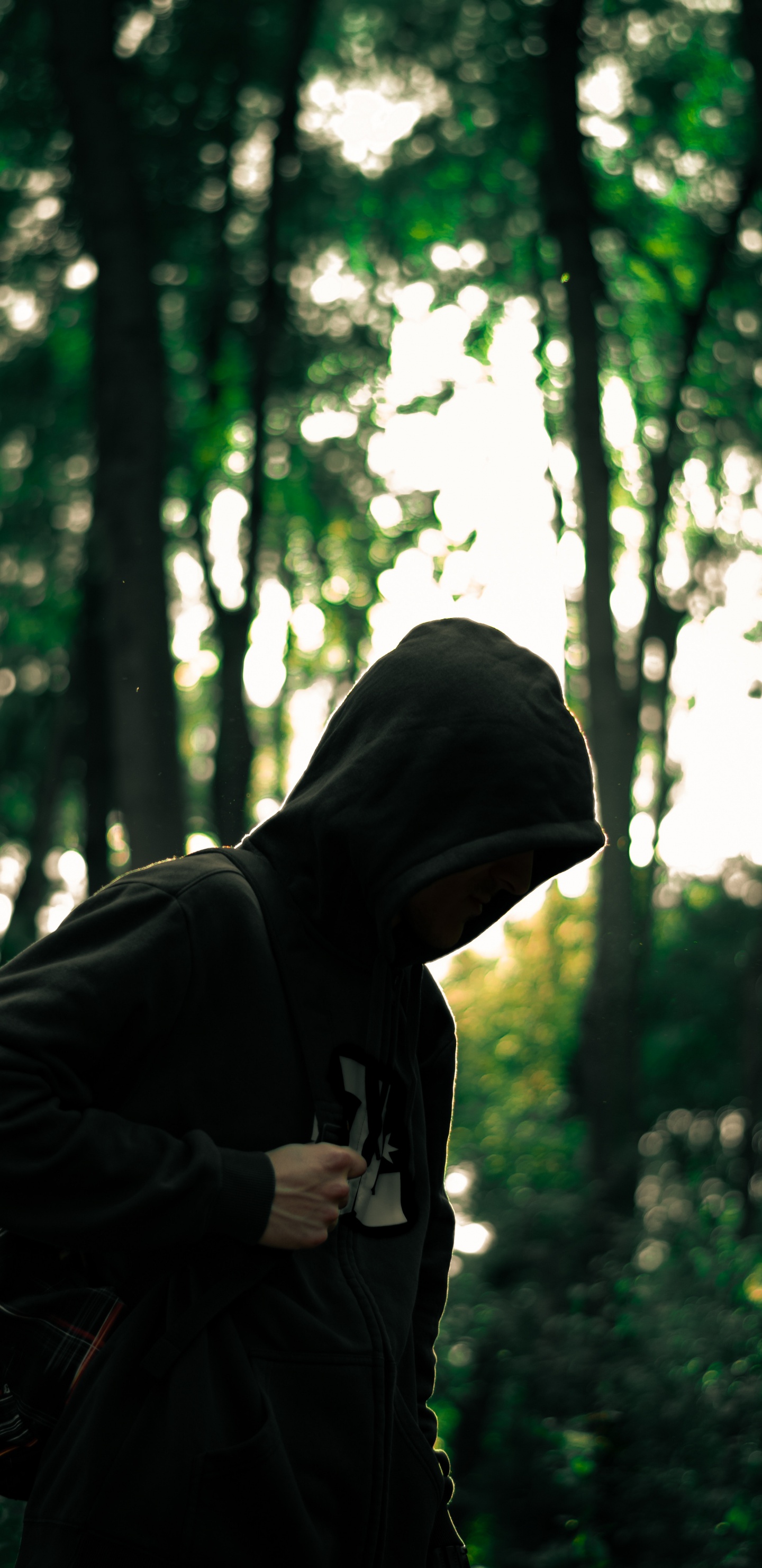 Man in Black Hoodie Standing in Forest During Daytime. Wallpaper in 1440x2960 Resolution