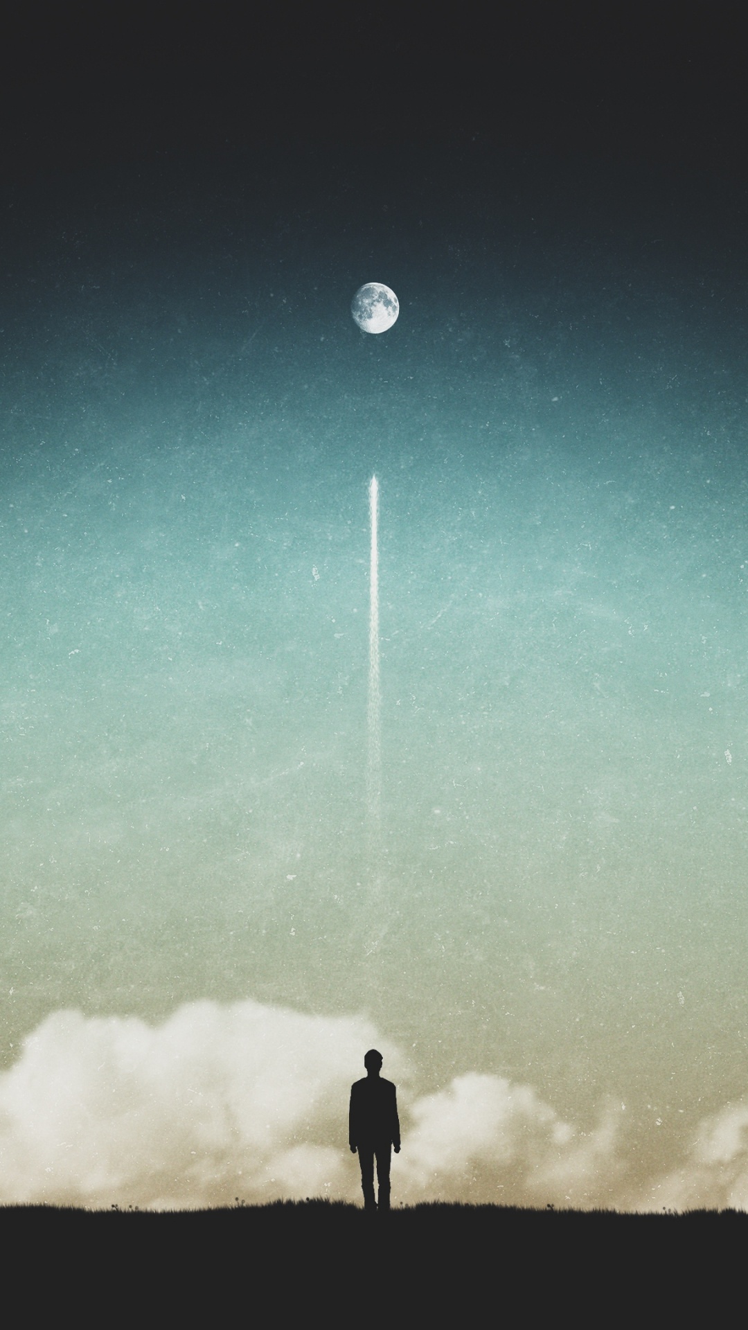 Silhouette de Personne Debout Sous un Ciel Vert Avec la Pleine Lune. Wallpaper in 1080x1920 Resolution