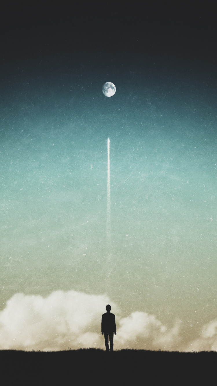 Silhouette de Personne Debout Sous un Ciel Vert Avec la Pleine Lune. Wallpaper in 750x1334 Resolution