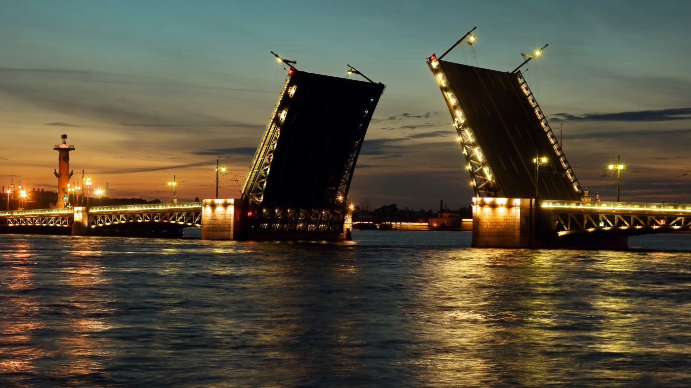 Palace Bridge, Bridge, Neva River, Night, Evening. Wallpaper in 1366x768 Resolution