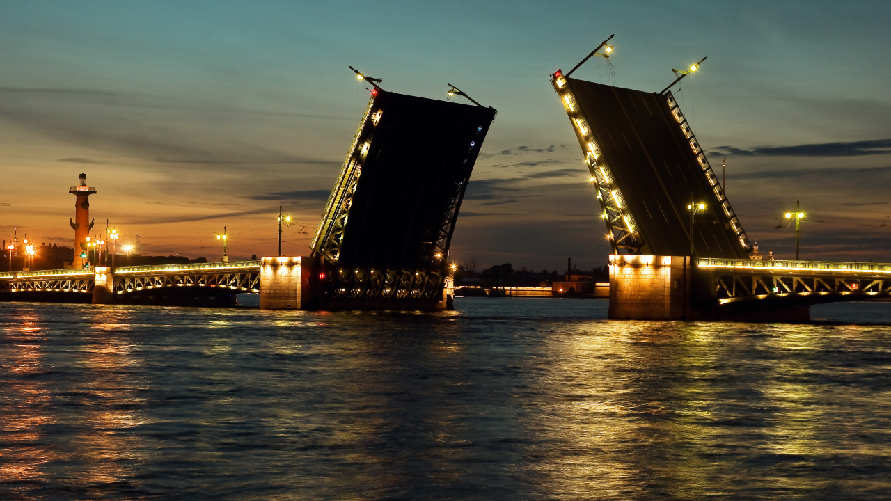 瓦河, 晚上, 可移动座桥, 黄昏, 猩红色的帆 壁纸 1280x720 允许