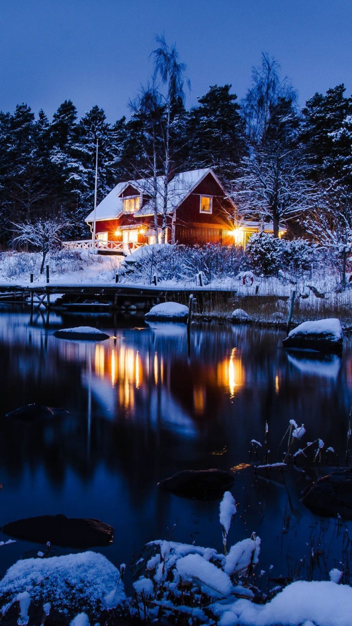 Maison en Bois Marron Près du Lac Entourée D'arbres Pendant la Nuit. Wallpaper in 720x1280 Resolution