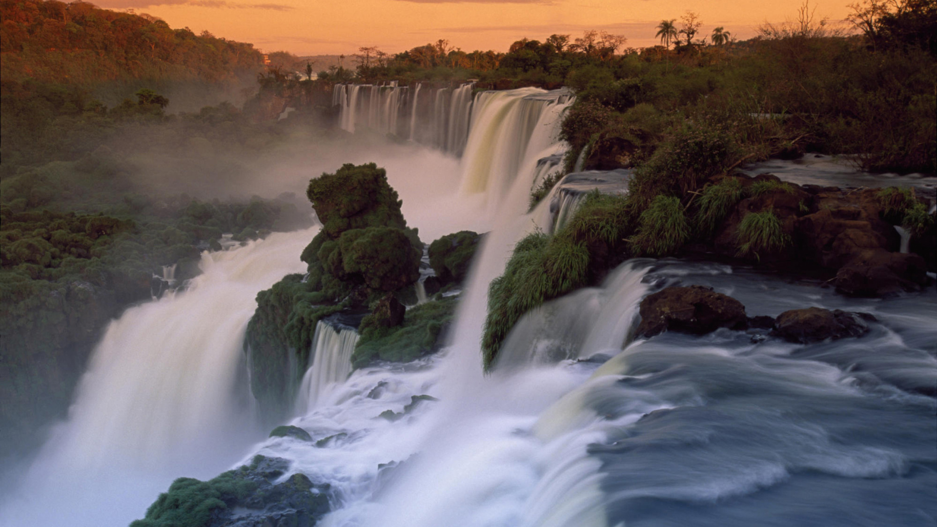Waterfalls in The Middle of Forest During Sunset. Wallpaper in 1920x1080 Resolution
